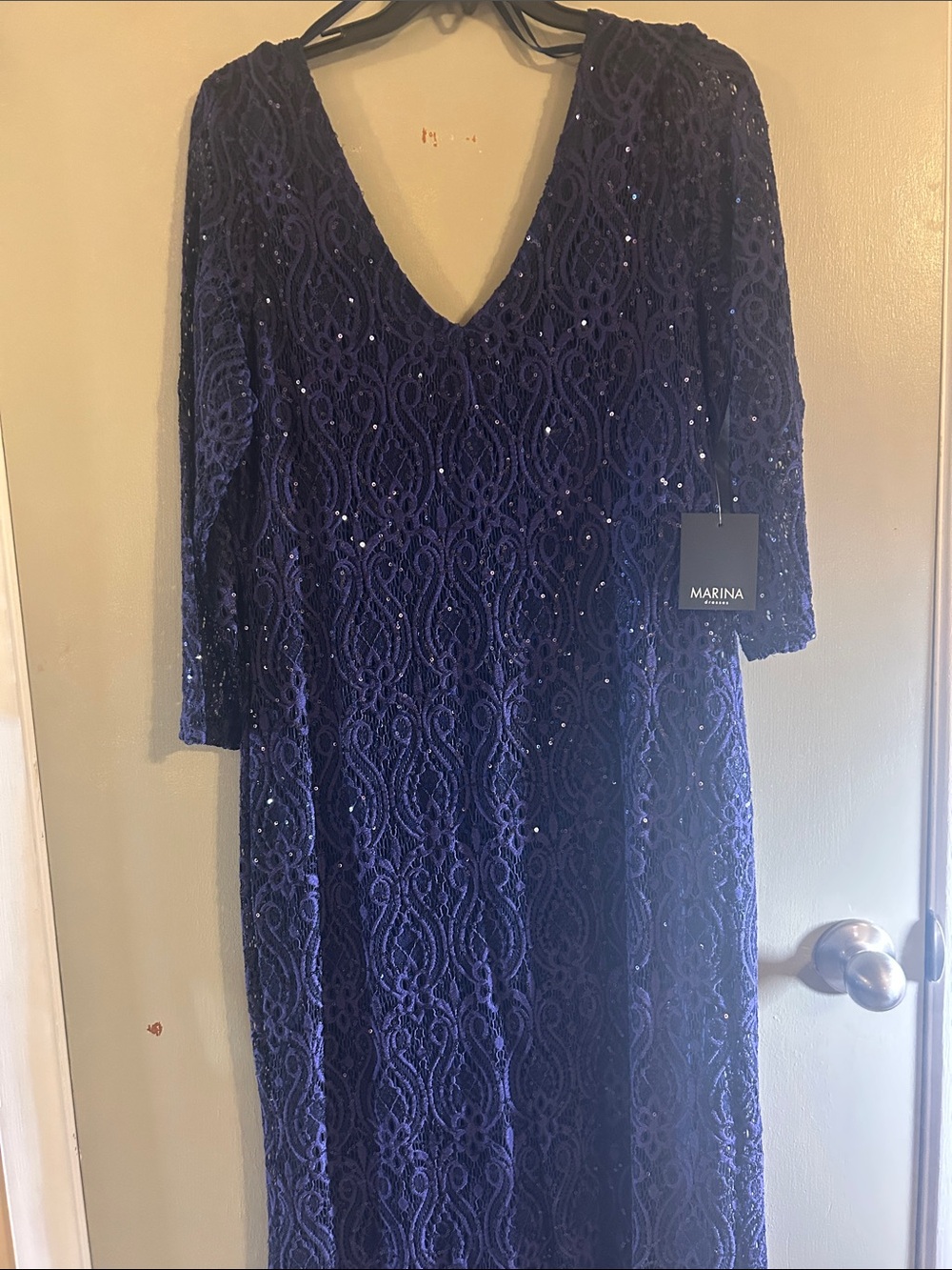 Marina Women's Navy Blue Sequin Lace V-Neck Dress NEW size 16